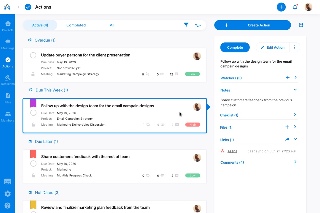 Actions page to follow up