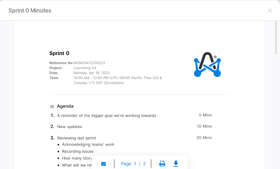Sprint planning meeting agenda: Automatically generated meeting minutes on adam.ai