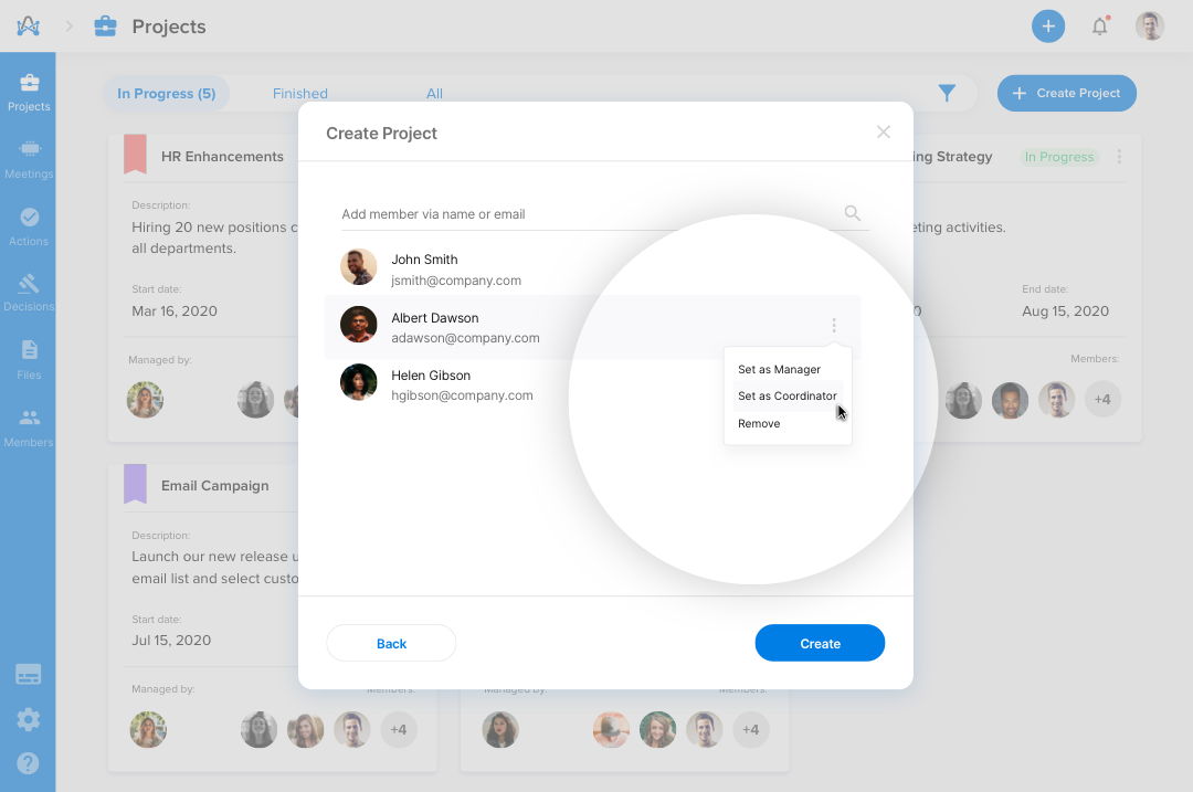 Screenshot from adam.ai: Creating a project and assigning project roles